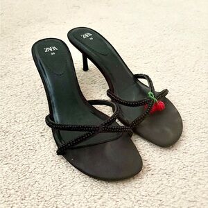 Zara Black Strappy Kitten Heels with Cherry Beaded Charm